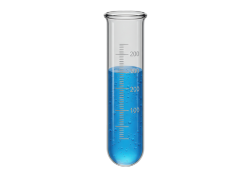 Isolated Laboratory Glass Test Tube with Measurement Scale, Filled with Bubbling Blue Chemical Liquid - Powered by Adobe