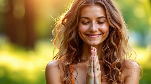 A woman in a colorful dress is smiling and praying