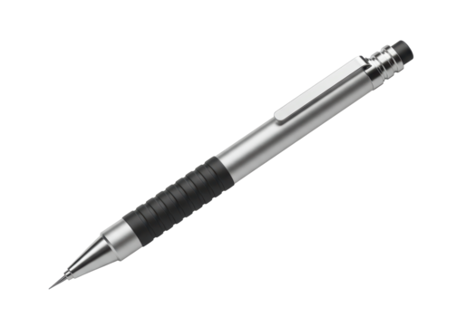 Isolated Realistic Silver and Black Mechanical Pencil with a Rubber Grip for Writing or Drawing