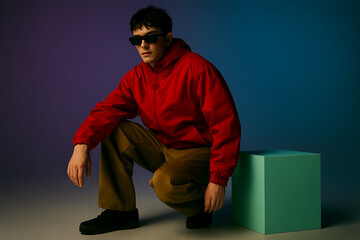 Young Man in Red Jacket and Sunglasses Squatting on a Studio Cube