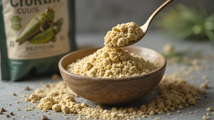 Grasshopper insect powder. Orthoptera flour processed from Insects baked food is eating edible in bowl and spoon with packaging bag, it is good source of protein. Entomophagy and future food concept.