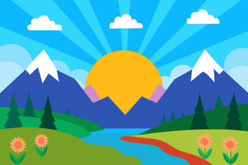 Naklejka premium Vibrant mountain landscape with sunrise and river