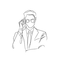 Continuous line drawing of a man in a suit adjusting his glasses with a minimalist aesthetic style