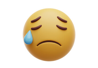 Isolated 3D Sad Crying Emoji with a Single Blue Teardrop