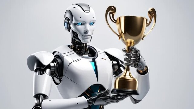 A humanoid AI agent robot holds a trophy symbolizing the agent's success and growth in autonomy in the workplace. 4k video