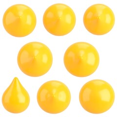 Nine glossy yellow spheres and a single drop, isolated on white
