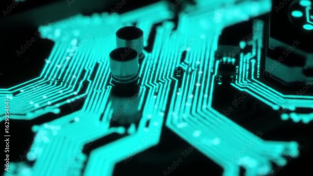 Poster aqua circuit board close up with intricate network of lines over a dark background