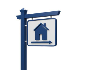 Isolated Blue Real Estate Sign with House Icon and Directional Arrow