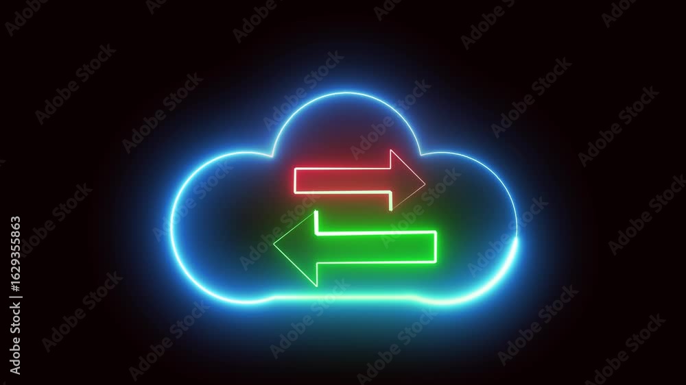 Poster glowing neon cloud computing motion. futuristic network internet abstract background 4k ultra hd. ne