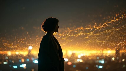 Woman facing horizon under digital sky with glowing network connections. Stars and night cosmos form digital structure in sky. Woman stands quietly in coat surrounded by cosmic digital network - Powered by Adobe