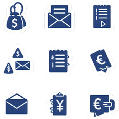 Minimal flat icon set for invoice and finance, including dollar, receipt, email, barcode, yen, euro, billing, etc. In blue and dark navy color.
