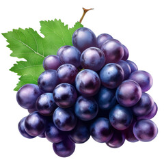 Fototapeta premium Fresh Purple Grapes with Green Leaves Isolated on White Background