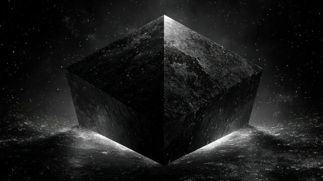 Abstract black cube floating above a cosmic landscape, illuminated, surrounded by faint light
