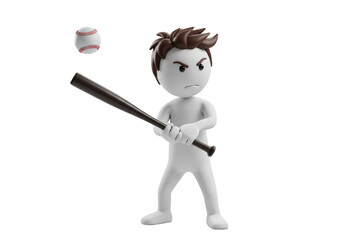 Isolated 3D angry cartoon character holding a baseball bat in a ready stance