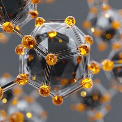 Abstract 3D rendering of interconnected translucent geometric forms with amber nodes