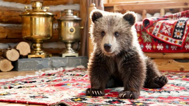 Cute bear cub in a Russian folk scene, age 1-2