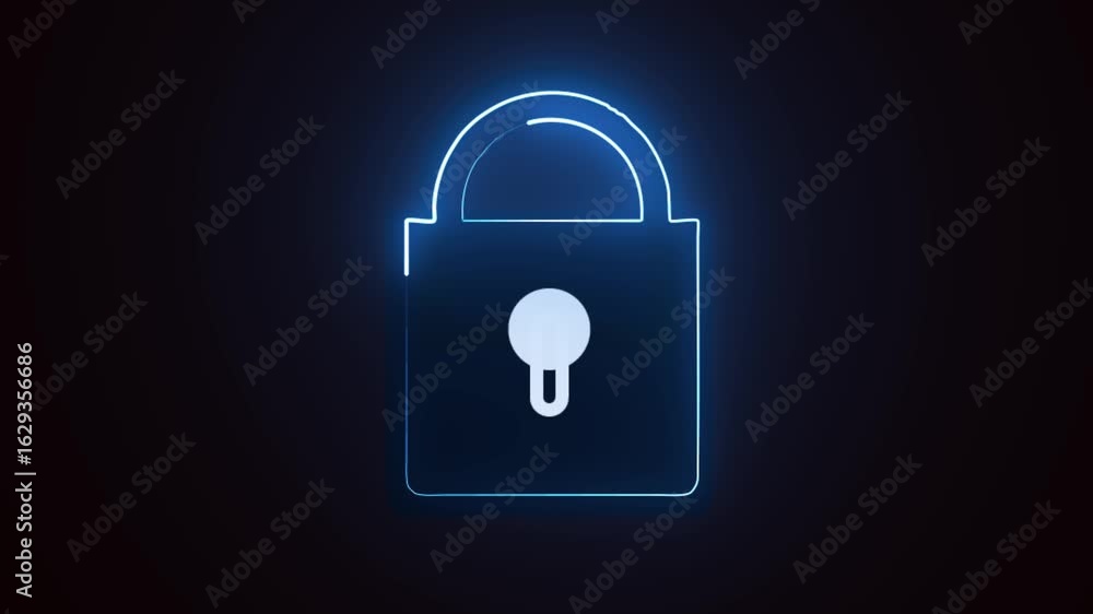 Aufkleber technology motion graphics showcasing neon padlock animation for safe and secure digital use. abstra