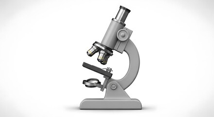 A gray microscope with three objective lenses on a white background used for scientific research