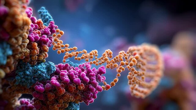 3D rendering of ribosome translating mRNA sequence with peptide chain emerging in a dynamic cellular environment.