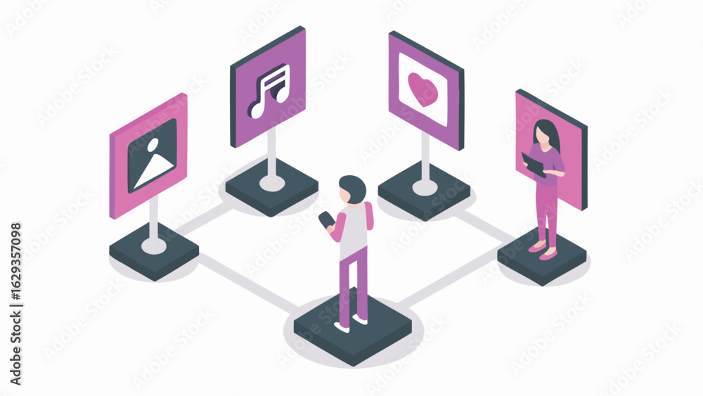 Poster isometric illustration of people connecting with media icons on digital platforms and social network