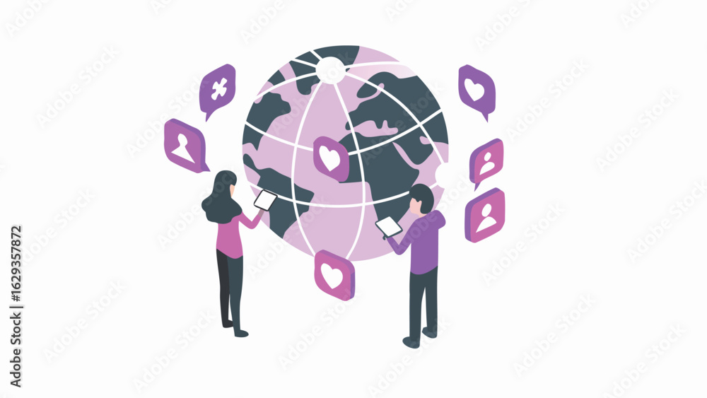Aufkleber people using tablets around a globe with social media icons creating a connected network online worl