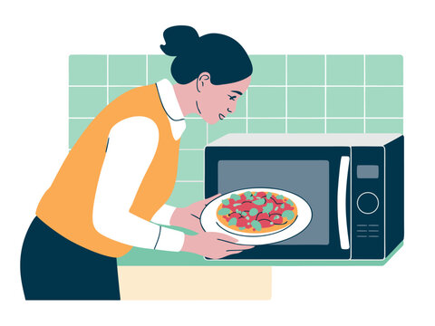 Woman Placing Plate Of Food Into Microwave Oven For Heating kitchen appliance