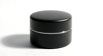 Elegant close-up of a black cosmetic jar with silver detail on a clean white backdrop