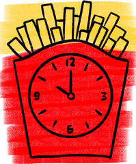 Creative crayon-style illustration of a red french fries box with a clock on it. A fun and whimsical food-time concept, perfect for children's materials, fast food designs, or educational visuals.