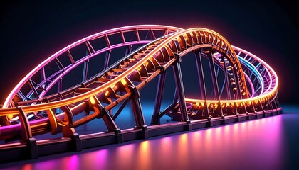 Obraz premium Neon-lit roller coaster track curves dynamically against a dark background, reflecting light