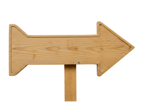 Rustic wooden arrow sign pointing right isolated on transparent background