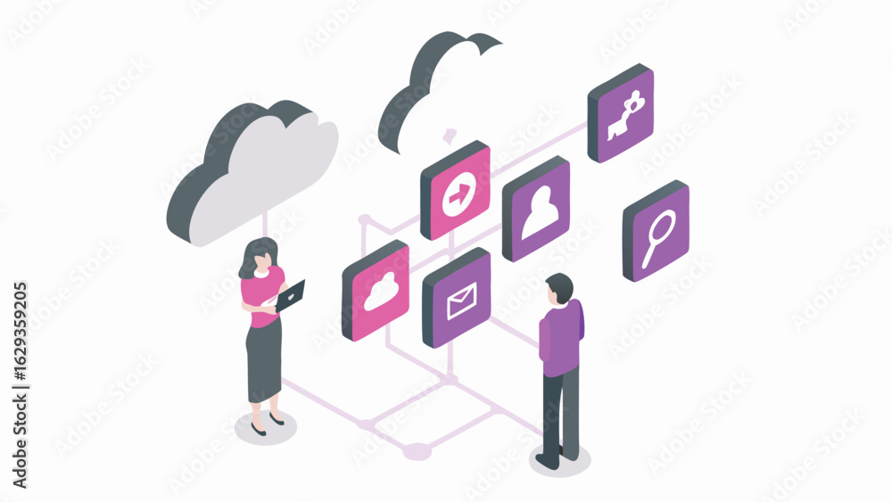 Poster isometric cloud network diagram with people interacting with cloud computing services online and dat