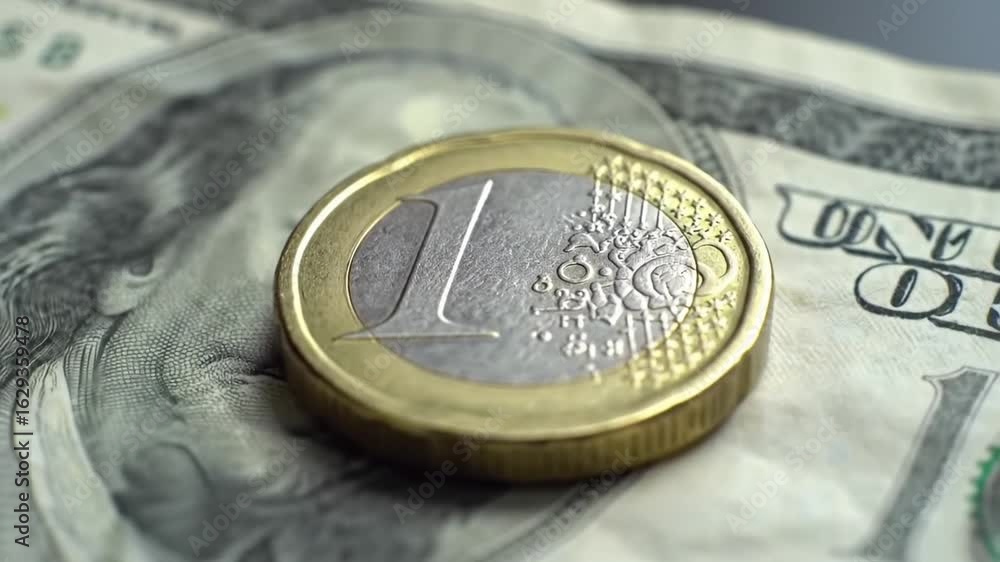 Poster macro view of a one euro coin on a partially visible one hundred dollar bill symbolizing finance and