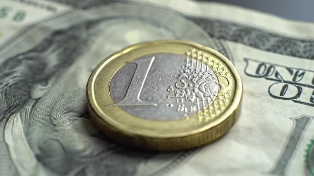 Macro View of a One Euro Coin on a Partially Visible One Hundred Dollar Bill Symbolizing Finance and Economy