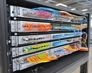 Network equipment rack with colorful cables