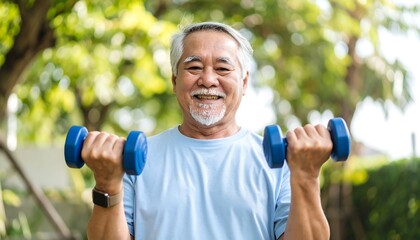 Happy senior man lifting light blue dumbbells outdoors, smiling