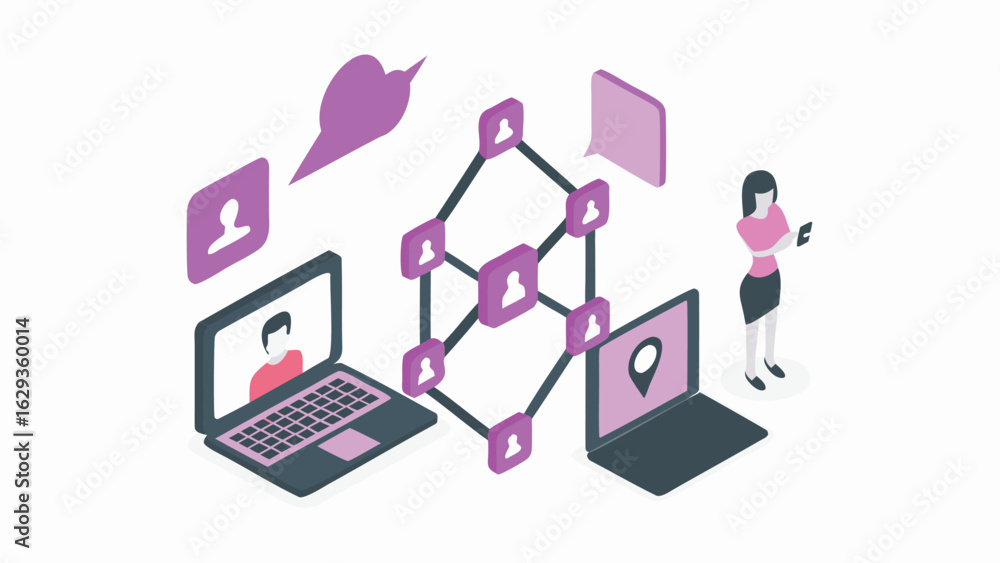 Poster isometric illustration of networked computers with user profiles and a woman with phone
