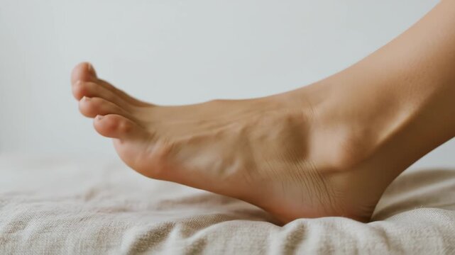 Closeup of a womans foot resting on a beige linen surface, showcasing the intricate details of the skin, veins, and bone structure, emphasizing health, wellness, and anatomical beauty