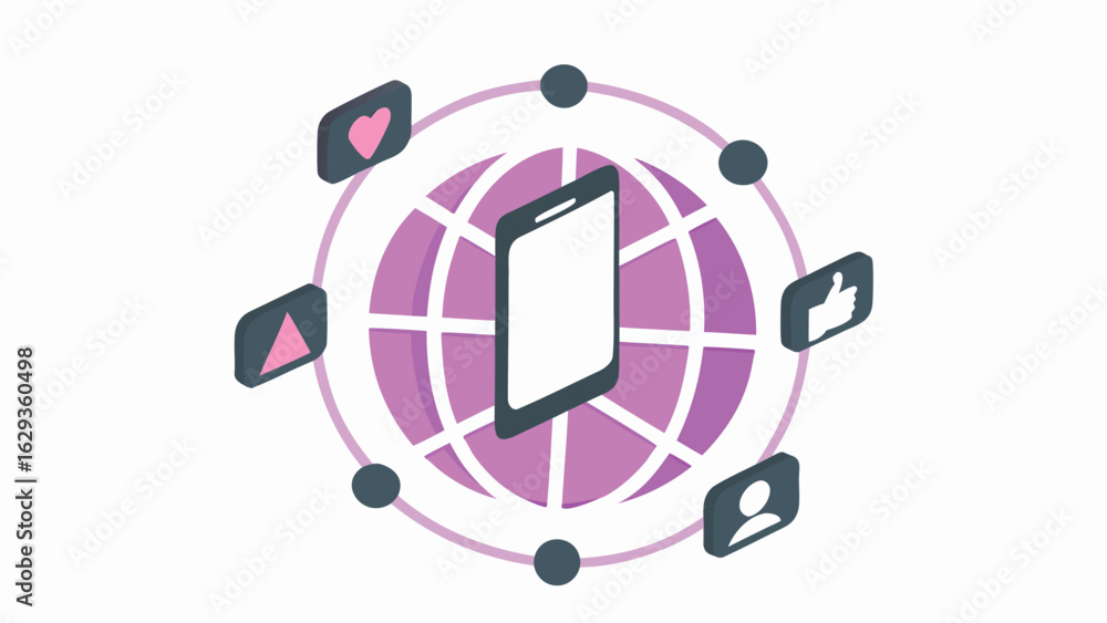 Aufkleber isometric smartphone centered on globe with social media icons orbiting around it in a digital spher