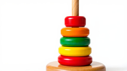 A vibrant wooden stacking toy features rainbow-colored rings arranged by size, promoting playful learning and motor skill development for young children. AI generated.