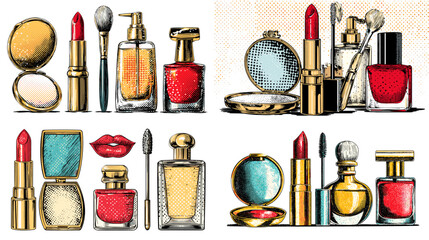 Hand-drawn beauty products including lipsticks, perfumes, compact powder, and brushes in elegant vintage style—perfect for fashion, cosmetics, and beauty branding.

