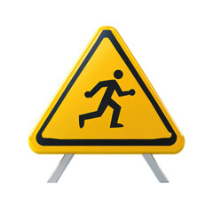 Caution road sign with a running person, warning of hazard and potential danger ahead