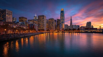 Fototapeta premium A riverside cityscape in the evening at sunset. The reflections on the water and the colorful sky create a warm and peaceful atmosphere.