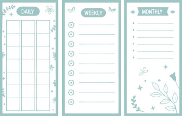 Cute and simple planner pages featuring daily weekly and monthly layouts with floral and butterfly decorations for organized living and productivity