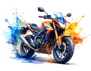 Orange and blue motorbike rendered in watercolor style against white background
