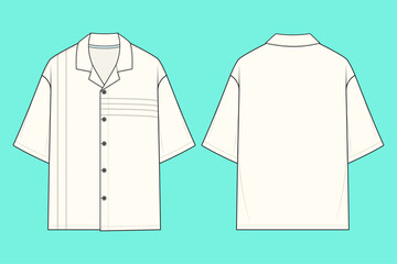 Men's Short Sleeve Drop Shoulder Revere Collar Shirt Technical Fashion Flat Sketch.