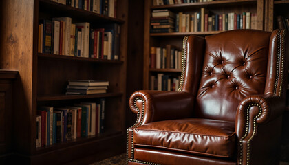 Leather armchair in cozy library with wooden bookshelves  