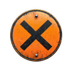 Distressed orange railroad crossing sign with black X, aged metal traffic safety warning symbol for trains and railway transport on transparent background