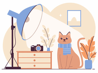 Cute Cat Photographer Illustration with Studio Light Camera Plants and Stylish Scarf