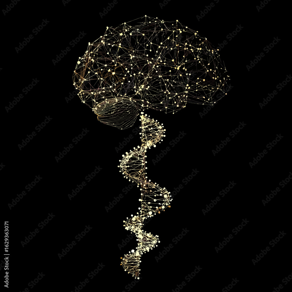 Poster gold low poly wireframe brain connected to dna double helix molecule with nodes and lines on black b