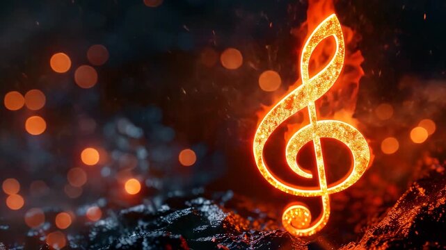 Glowing musical treble clef symbol illuminated with fiery effects on dark background